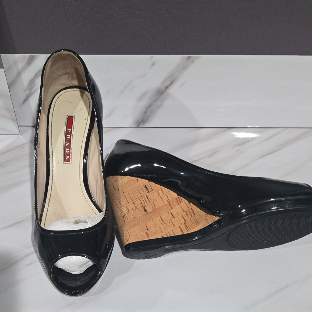 Prada Glossy Black Wedge Peep-Toe Shoes